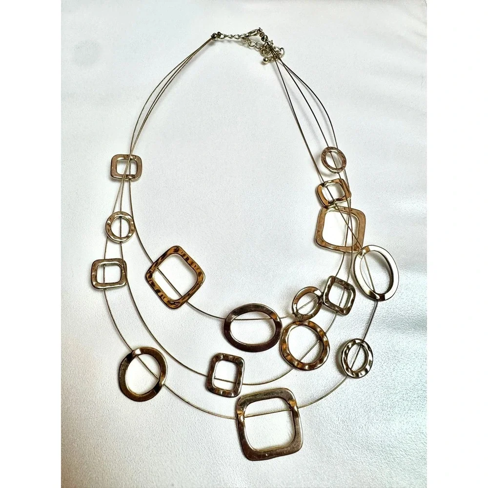 Layered Geometric Necklace Gold Tone Squares‎ Circles Ovals Statement Womens